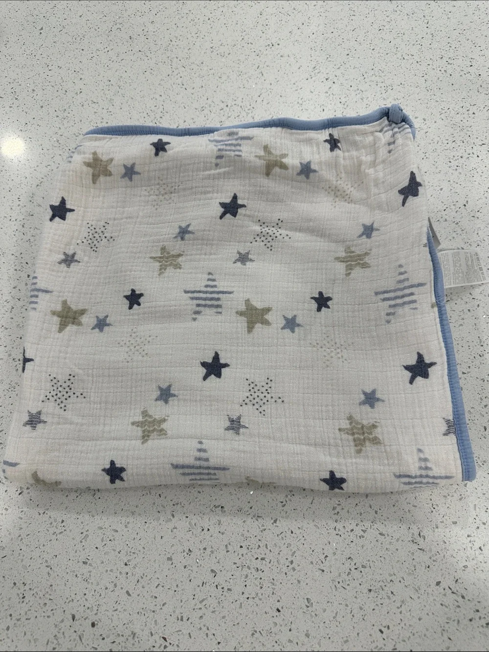aden + anais White Muslin Towel with Blue and Gray Star Print